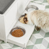 SoBuy FSR136-W Banco de madeira para gatos com 2 portas e 3 taças embutidas 90 x 36 x 44 cm